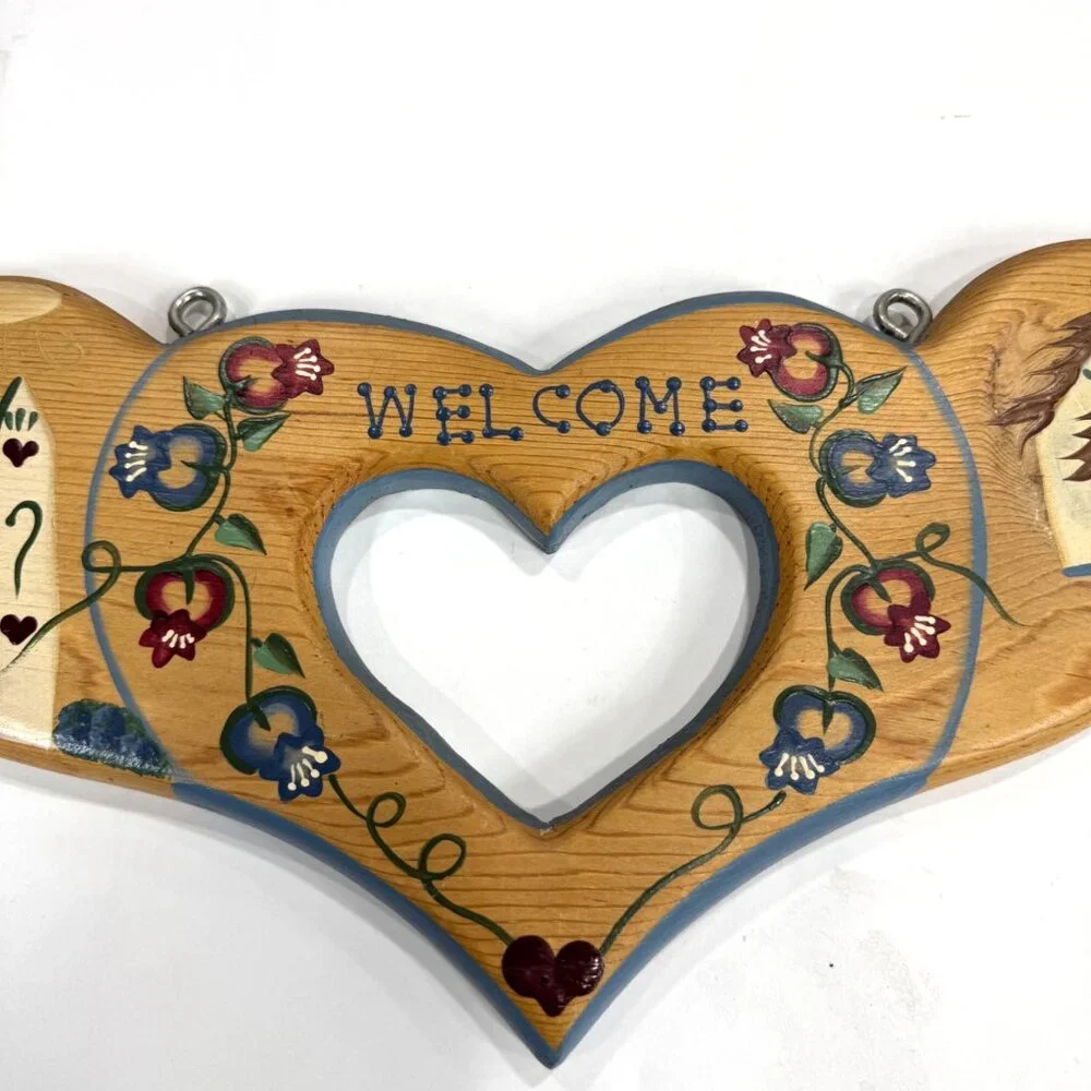 Vintage Hanging Welcome Sign Heart Painted Folk Art Floral Mexico Handcrafted